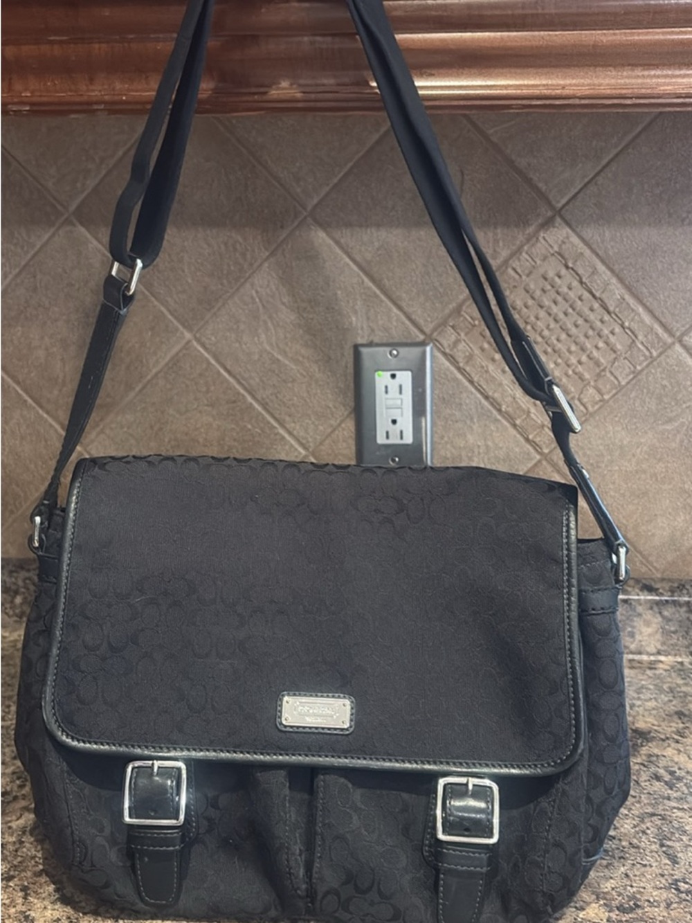 Coach Black Signature Jacquard Crossbody with Metal Plaque
